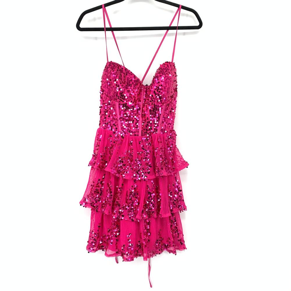 Lulus Spectacular Magenta Sequin Tiered Lace Up Mini Dress Womens Sz XL NEW